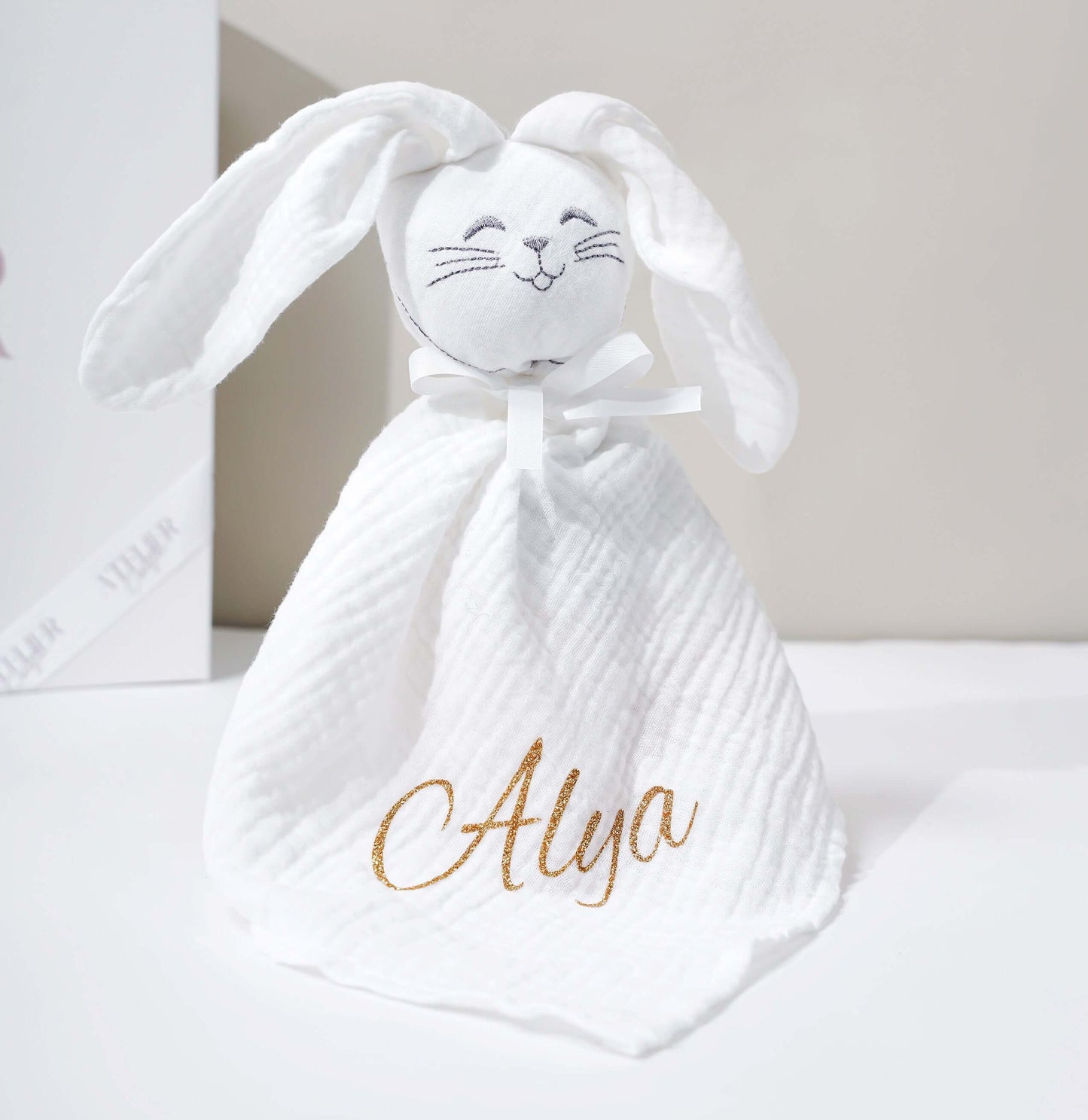 Doudou en gaz de coton personnalisé blanc