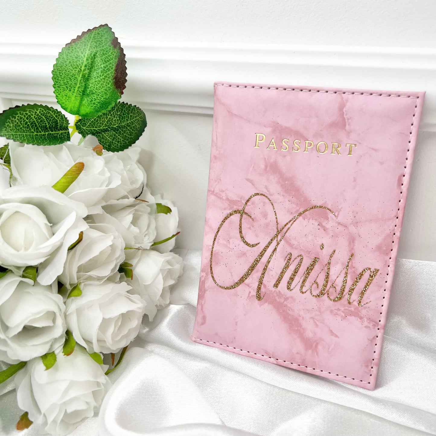 Protège passeport marbre rose