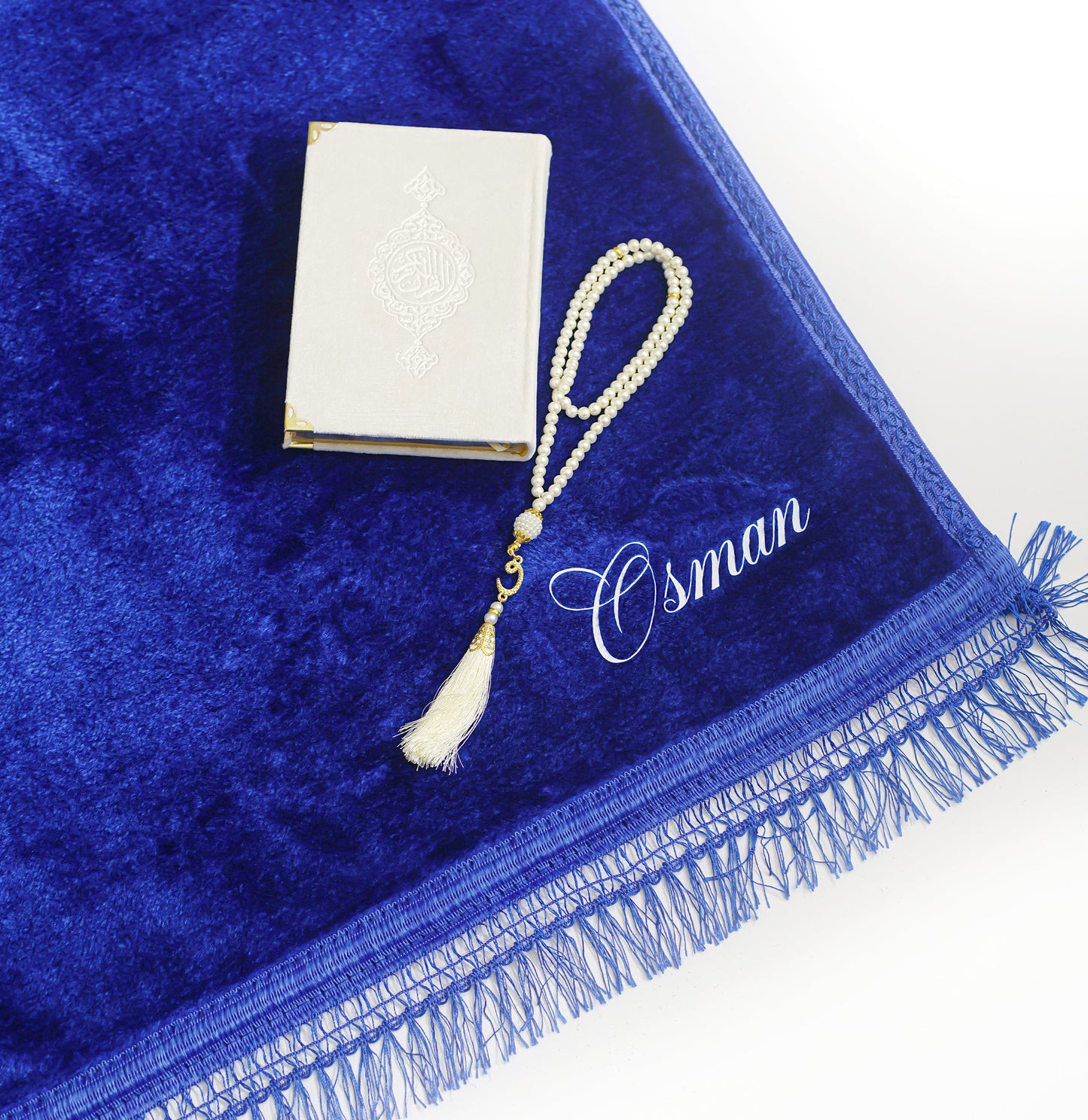 Tapis de prière uni semi épais bleu à personnaliser.